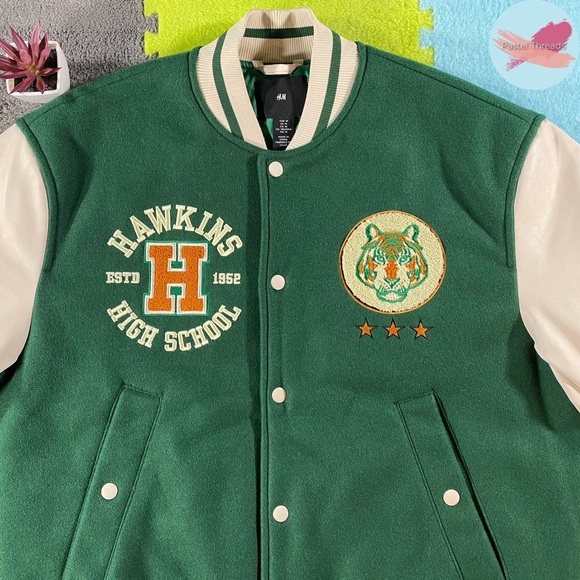 NWOT Ltd. Ed. H&M, Green, Stranger Things Hawkins High Tigers Letterman Jacket - Picture 5 of 13